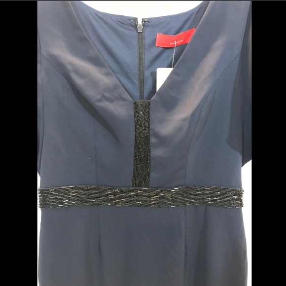 NEW $480 Carmen Marc Valvo Draped & Beaded‎ Gown in Midnight Blue [SZ 10 ] - Picture 4 of 8